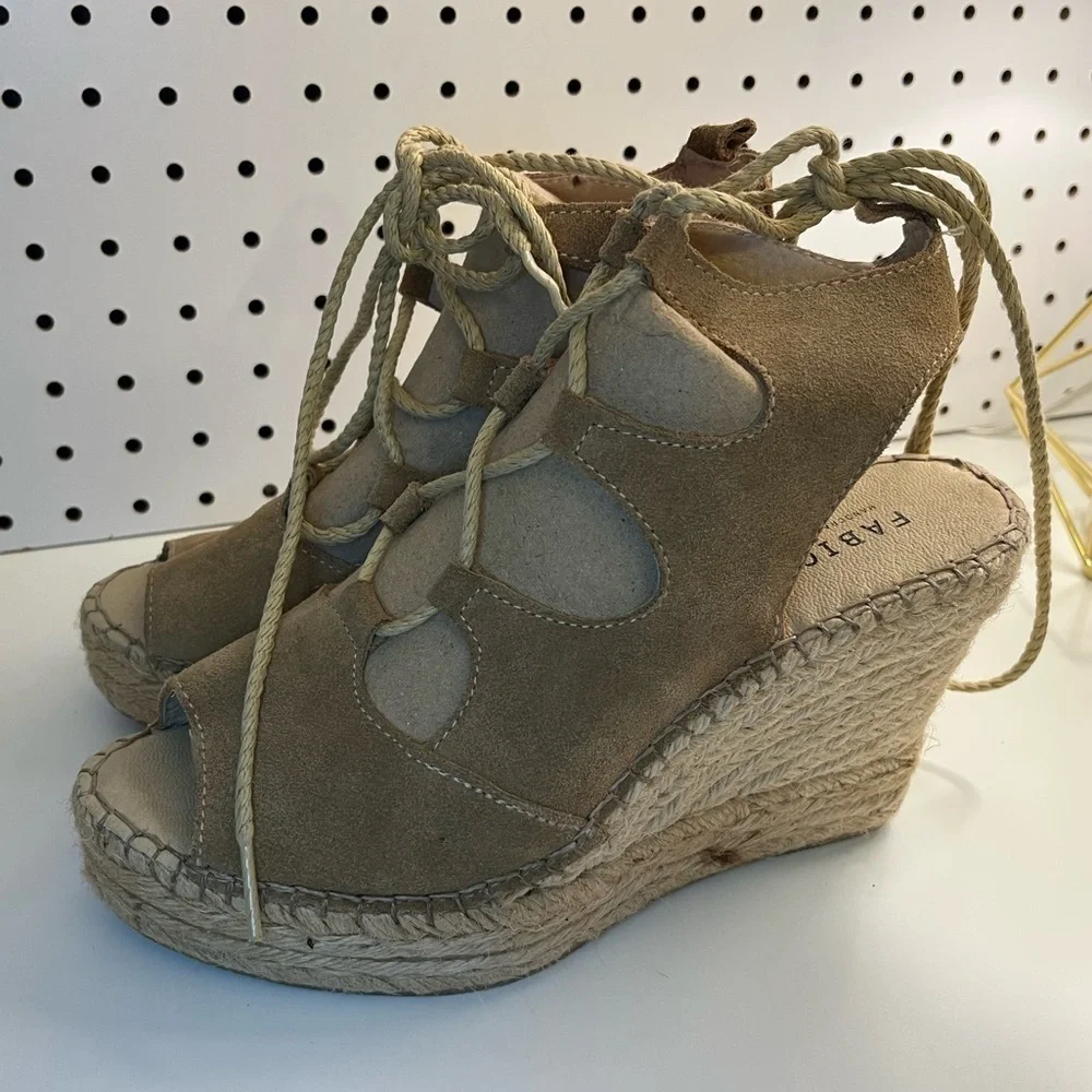 Fabiolas Tan Lace Up Cut Out Wedge Leather Espadrille Sandals